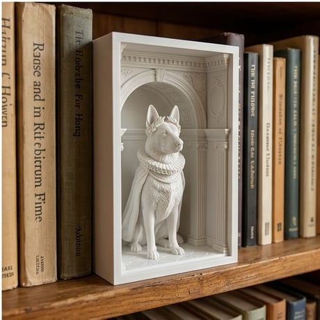 犬（ジャーマンシェパード）の3Dプリント ブックヌーク 白PLA 本棚インテリア