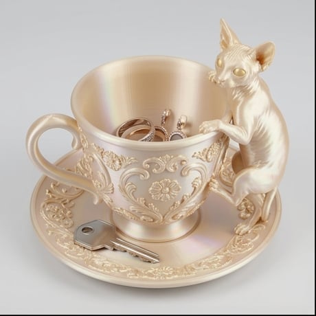猫（スフィンクス）のアクセサリートレイ 小物入れ シルクゴールド