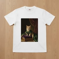 猫（マンチカン）半袖Tシャツ ルネサンス風カラーアート ホワイト 男女兼用