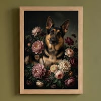 犬（ジャーマンシェパード）の花に囲まれた油絵風アート A4額装インテリア壁掛け