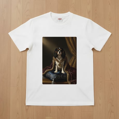 犬（キャバリア）半袖Tシャツ ルネサンス風カラーアート ホワイト 男女兼用
