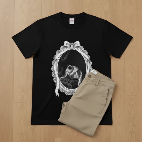 猫（バリニーズ）半袖Tシャツ ルネサンス風モノクロアート ブラック 男女兼用