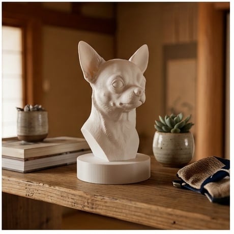 犬（チワワ）の3Dプリント胸像 白PLA 彫刻 置物 インテリア