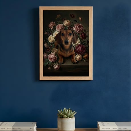 犬（ミニチュアダックスフンド）の花の油絵風アート A4額装インテリア壁掛け