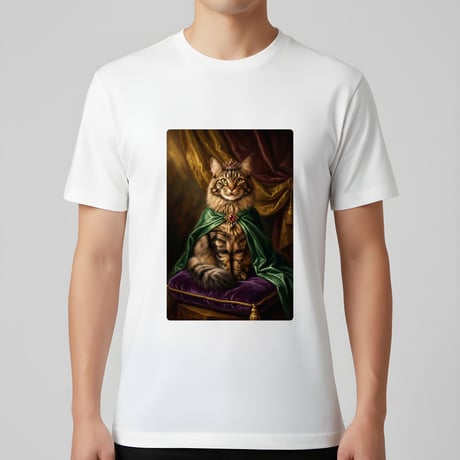 猫（メインクーン）半袖Tシャツ ルネサンス風カラーアート ホワイト 男女兼用