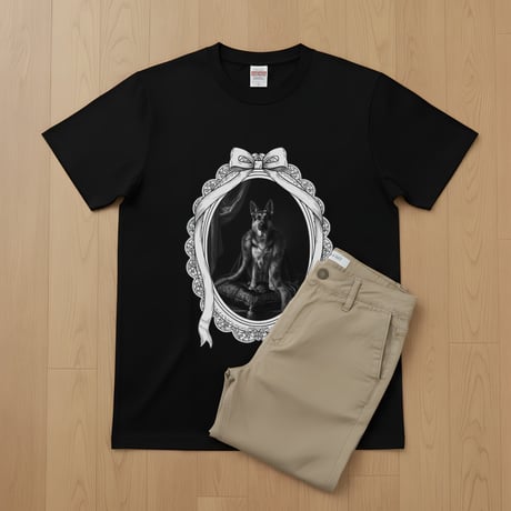 ジャーマンシェパード半袖Tシャツ ルネサンス風モノクロ ブラック 男女兼用