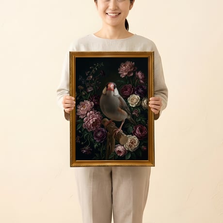 文鳥・ブンチョウの花に囲まれた油絵風アート A3額装インテリア壁掛け