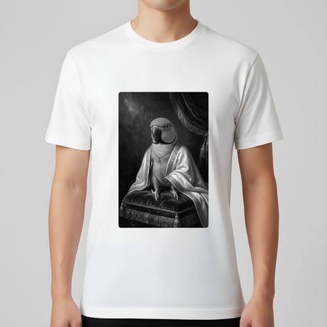 アレクサンドリンインコ半袖Tシャツ ルネサンス風モノクロ ホワイト 男女兼用