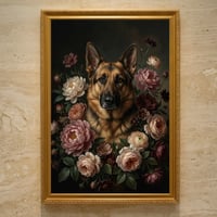 犬（ジャーマンシェパード）の花に囲まれた油絵風アート A3額装インテリア壁掛け