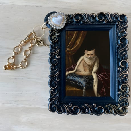 猫（チンチラペルシャ）バッグチャーム ルネサンス風 ブラック額縁デザイン