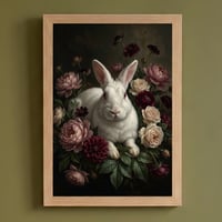 うさぎ（ニュージーランドホワイト）の花の油絵風アート A4額装インテリア壁掛け