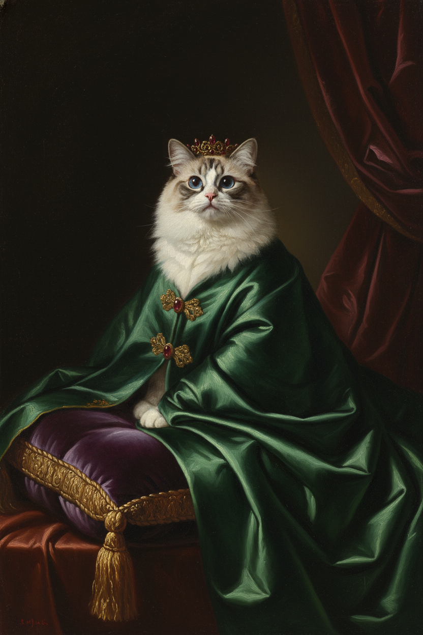 猫（ラグドール）のルネサンス風肖像画 油絵風アートA4額装インテリア
