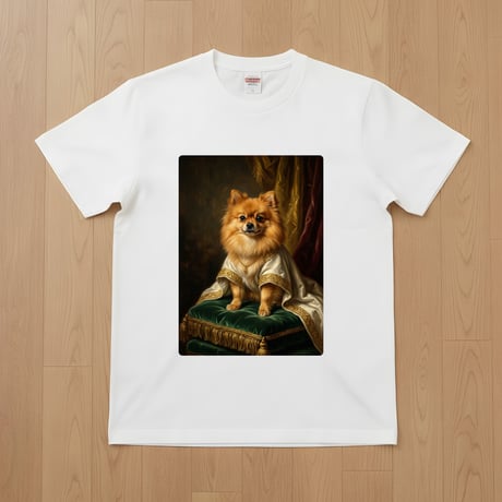 犬（ポメラニアン）半袖Tシャツ ルネサンス風カラーアート ホワイト 男女兼用