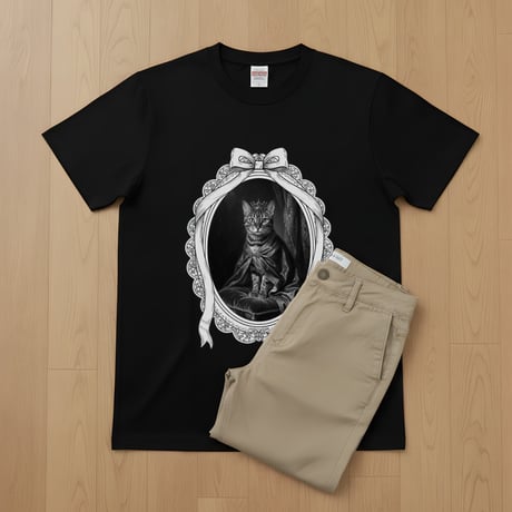 猫（ベンガル）半袖Tシャツ ルネサンス風モノクロアート ブラック 男女兼用