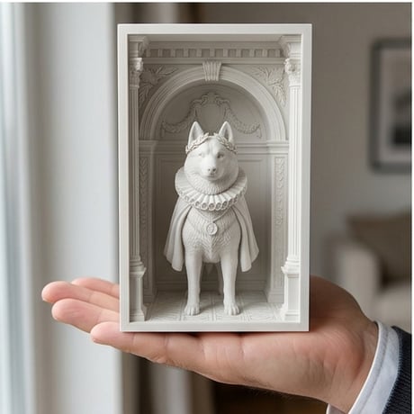 犬（シベリアンハスキー）の3Dプリント ブックヌーク 白PLA 本棚インテリア