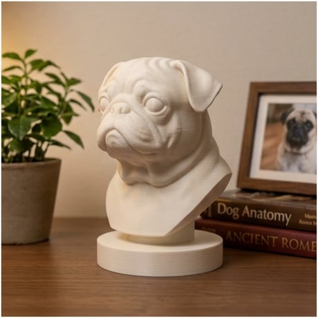 犬（パグ）の3Dプリント胸像 白PLA 彫刻 置物 インテリア