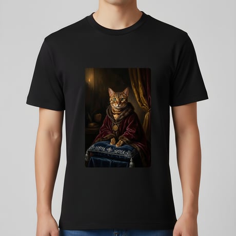 猫（ベンガル）半袖Tシャツ ルネサンス風カラーアート ブラック 男女兼用