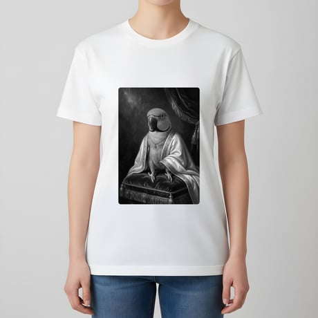 アレクサンドリンインコ半袖Tシャツ ルネサンス風モノクロ ホワイト 男女兼用