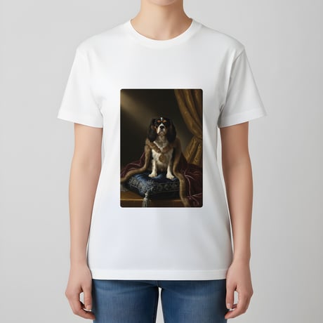 犬（キャバリア）半袖Tシャツ ルネサンス風カラーアート ホワイト 男女兼用