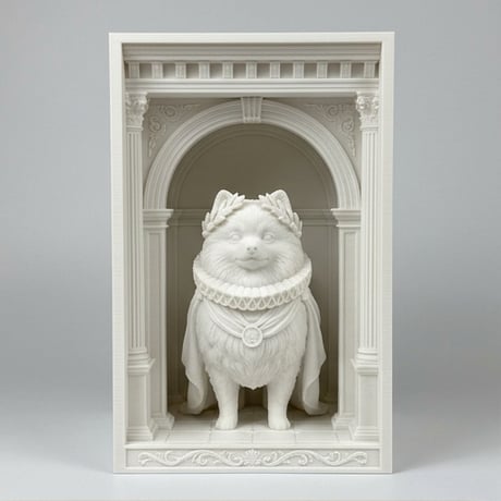 犬（ポメラニアン）の3Dプリント ブックヌーク 白PLA 本棚インテリア