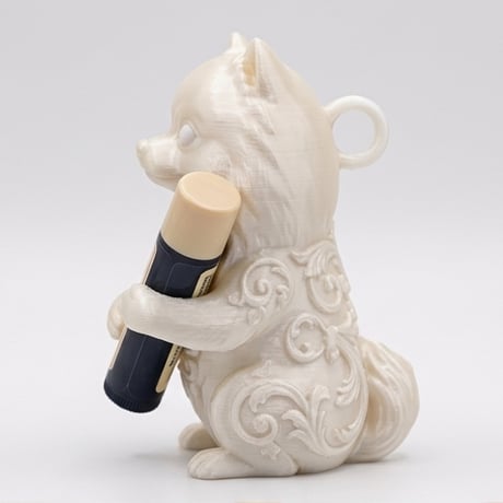 犬（ポメラニアン）の3Dプリント リップケース シルクホワイト キーホルダー