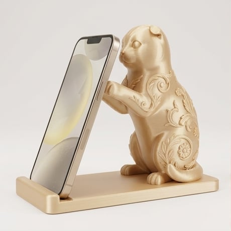 猫（スコティッシュフォールド）のスマホスタンド 卓上 シルクゴールド