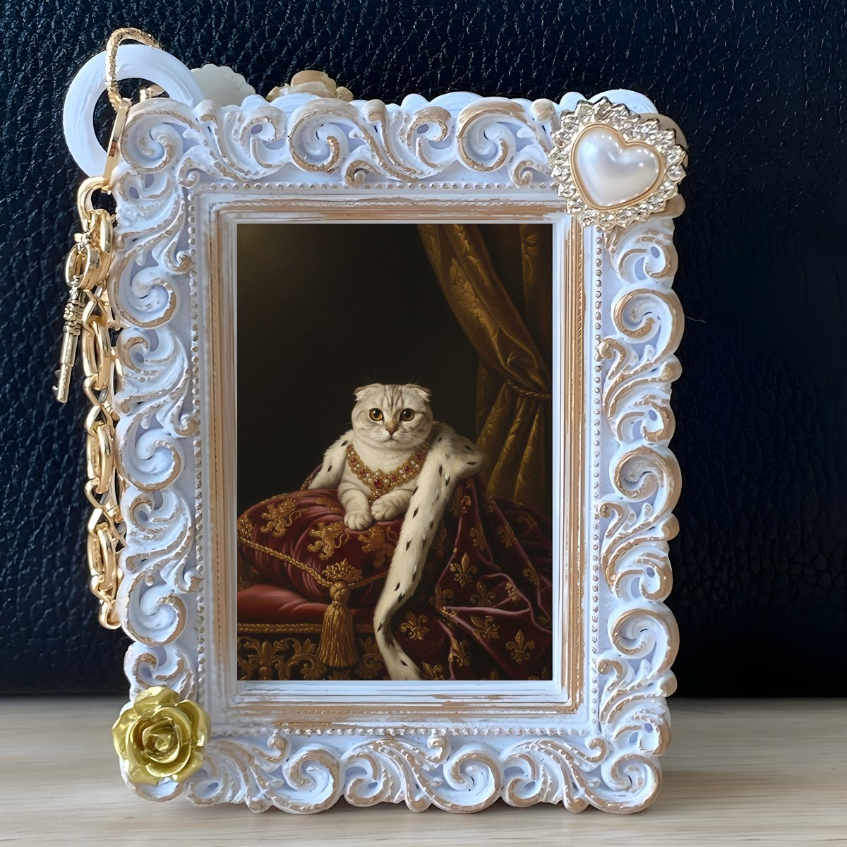 ス*ル様 【原画】切り絵『スコティッシュフォールド』　アート　絵画　額縁　猫　イ 猫（スコティッシュフォールド）バッグチャーム ルネサンス風 ホワイト