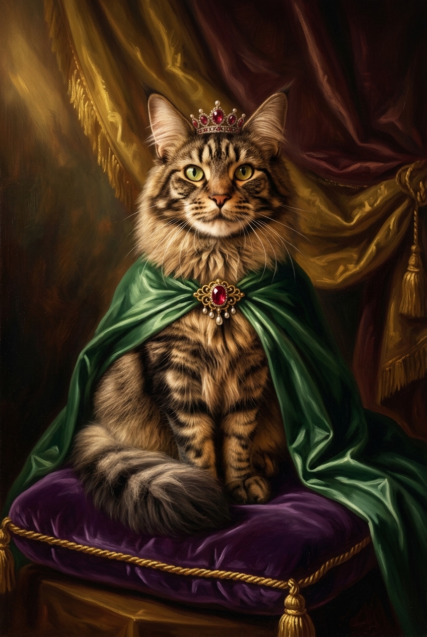 猫（メインクーン）のルネサンス風肖像画 油絵風アートA3額装