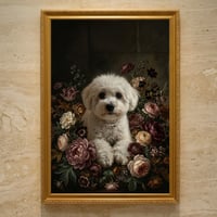 犬（ビションフリーゼ）の花に囲まれた油絵風アート A3額装インテリア壁掛け