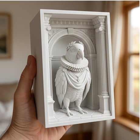 インコ（ヨウム）の3Dプリント ブックヌーク 白PLA 本棚インテリア