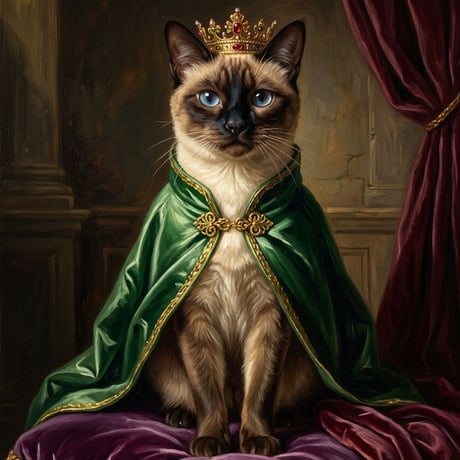 猫（バーミーズ）のルネサンス風肖像画 油絵風アートA4額装インテリア壁掛け
