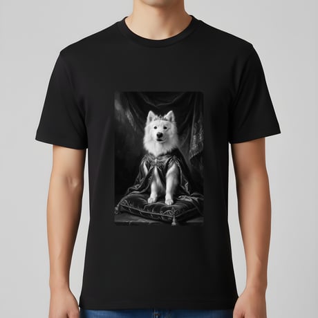犬（サモエド）半袖Tシャツ ルネサンス風モノクロアート ブラック 男女兼用