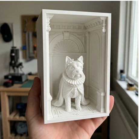 犬（ヨークシャーテリア）の3Dプリント ブックヌーク 白PLA 本棚インテリア