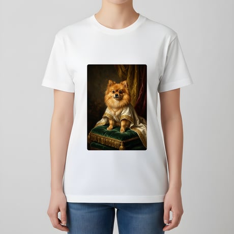 犬（ポメラニアン）半袖Tシャツ ルネサンス風カラーアート ホワイト 男女兼用
