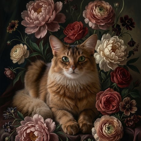 猫（ソマリ）の花に囲まれた油絵風アート A4額装インテリア壁掛け