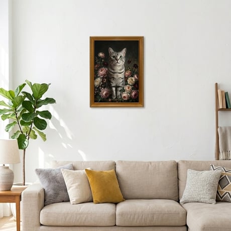 猫（アメリカンショートヘア）の花に囲まれた油絵風アート A3額装インテリア壁掛け
