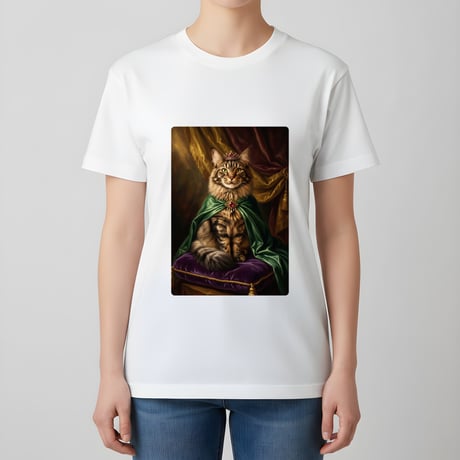 猫（メインクーン）半袖Tシャツ ルネサンス風カラーアート ホワイト 男女兼用