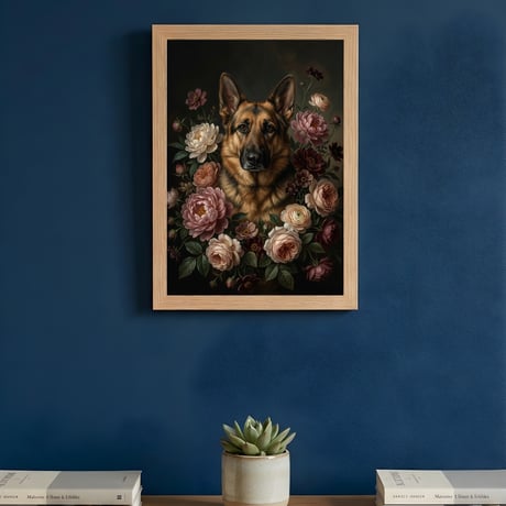 犬（ジャーマンシェパード）の花に囲まれた油絵風アート A4額装インテリア壁掛け