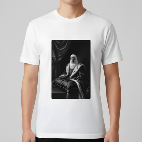 インコ（キバタン）半袖Tシャツ ルネサンス風モノクロアート ホワイト 男女兼用