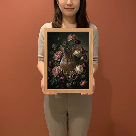うさぎ（ミニレッキス）の花に囲まれた油絵風アート A4額装インテリア壁掛け
