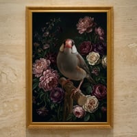 文鳥・ブンチョウの花に囲まれた油絵風アート A3額装インテリア壁掛け