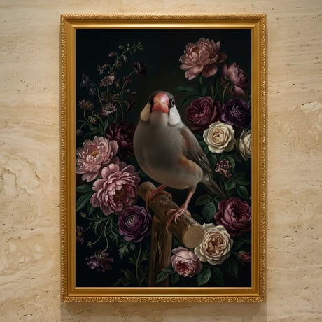 文鳥・ブンチョウの花に囲まれた油絵風アート A3額装インテリア壁掛け