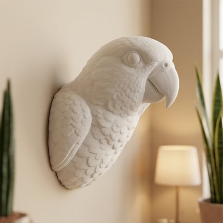 インコ（セネガルパロット）の壁掛けレリーフ 3Dプリント 白PLA インテリア
