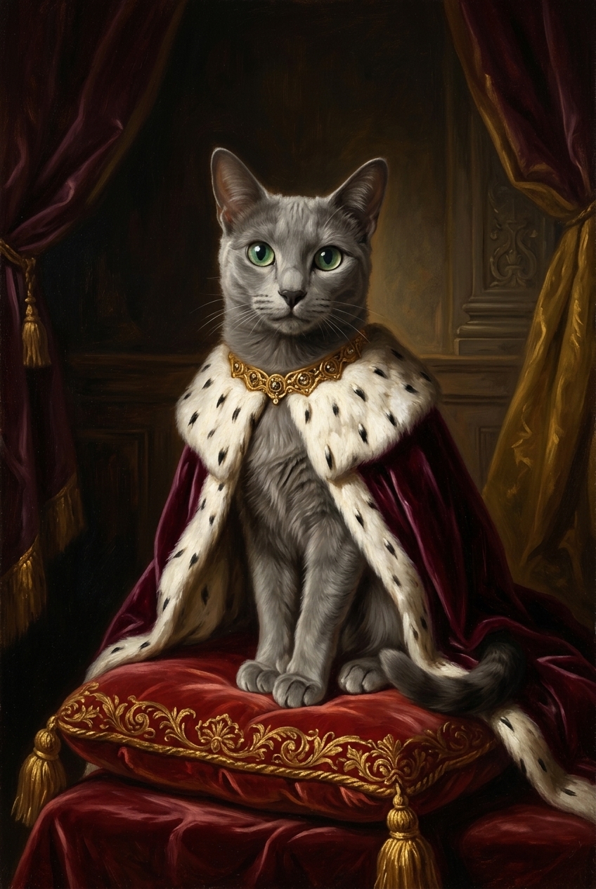 猫（ロシアンブルー）のルネサンス風肖像画 油絵風アートA3額装