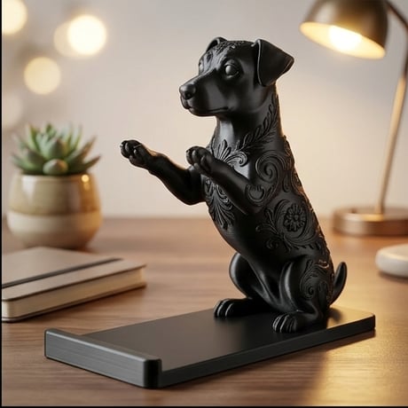 犬（ジャックラッセルテリア）のスマホスタンド 卓上 シルクブラック