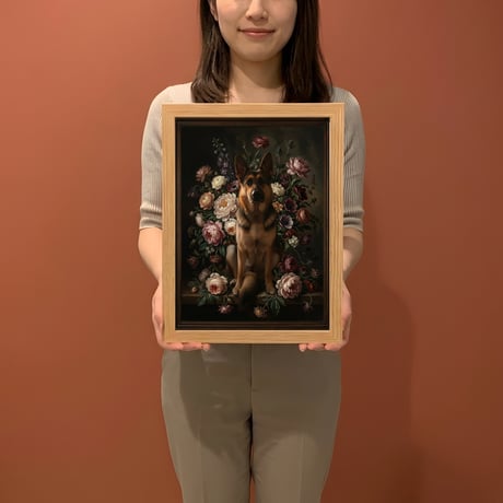 犬（ジャーマンシェパード）の花に囲まれた油絵風アート A4額装インテリア壁掛け