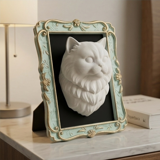 猫（チンチラペルシャ）の壁掛けレリーフ 3Dプリント 白PLA インテリア
