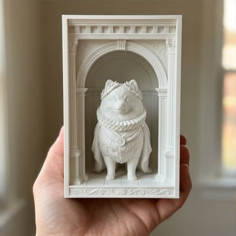 犬（ポメラニアン）の3Dプリント ブックヌーク 白PLA 本棚インテリア