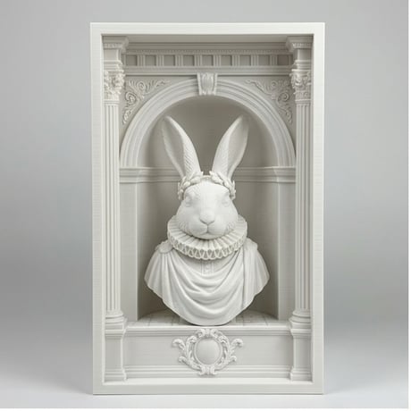 うさぎ（フレンチアンゴラ）の3Dプリント ブックヌーク 白PLA 本棚インテリア