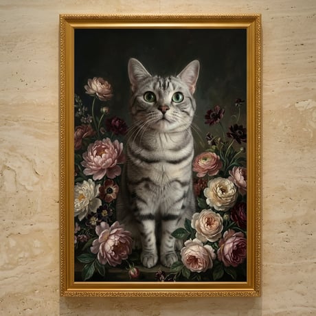 猫（アメリカンショートヘア）の花に囲まれた油絵風アート A3額装インテリア壁掛け